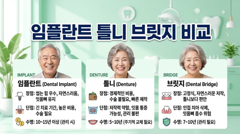 임플란트 vs 틀니 vs 브릿지 부모님 치아 치료 선택 기준과 65세 건강보험 비교