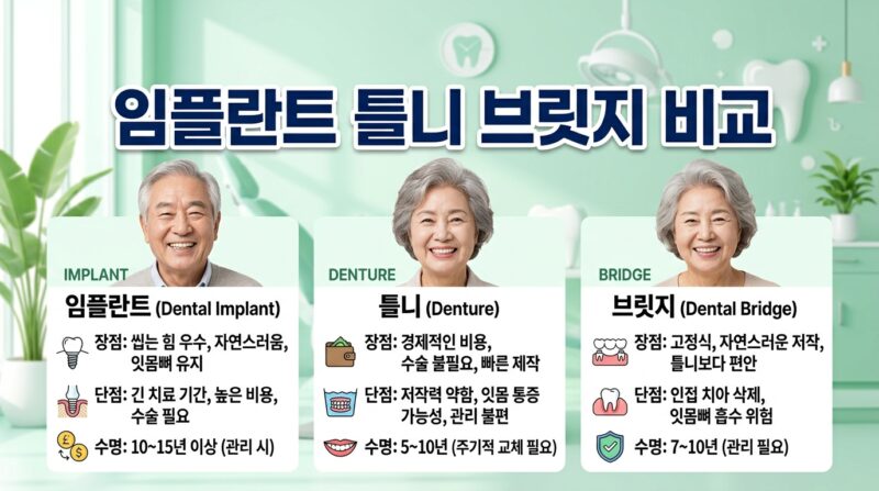 임플란트 vs 틀니 vs 브릿지 부모님 치아 치료 선택 기준과 65세 건강보험 비교 1 임플란트 vs 틀니 vs 브릿지 부모님 치아 치료 선택 기준과 65세 건강보험 비교
